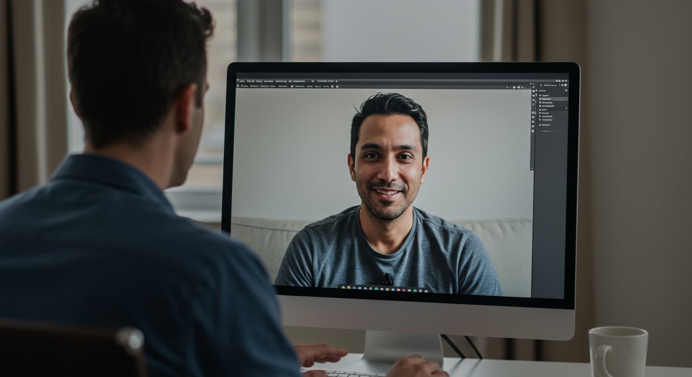 The back of a man looking at a computer screen. On the screen a man, in his 40s, smiles back at him.