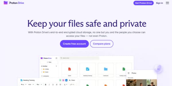 Proton Drive homepage featuring the Proton Drive logo in the top left and a prominent headline stating “Keep your files safe and private.” The page highlights end-to-end encrypted cloud storage, with a description emphasizing privacy and that not even Proton can access user files. There are two main call-to-action buttons: “Create free account” and “Compare plans.” Below, a screenshot of the Proton Drive interface displays various coloured file and folder icons, emphasizing secure file management. The design uses a clean, modern layout with purple accents and clear, bold text.