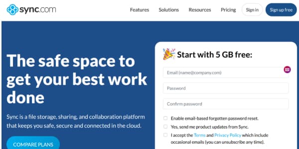 Sync.com homepage displaying the Sync.com logo in the top left, navigation links for Features, Solutions, Resources, and Pricing at the top, and prominent "Sign in" and "Sign up free" buttons in the top right. The main section features a headline stating "The safe space to get your best work done," a description of Sync as a file storage, sharing, and collaboration platform, and a call-to-action button labeled "COMPARE PLANS." On the right, there is a signup form titled "Start with 5 GB free," requesting email, password, and confirmation, with options for password reset, product updates, and acceptance of terms and privacy policy. The design uses a blue and white colour scheme with clear, bold text and simple graphics to emphasize security and ease of use
