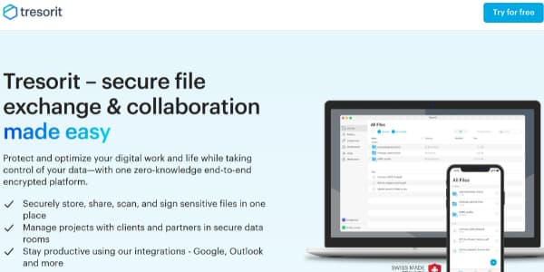 Tresorit homepage featuring the Tresorit logo, a "Try for free" button, and a headline promoting secure file exchange and collaboration. The page highlights features such as end-to-end encryption, secure file storage, sharing, and productivity integrations. A laptop and smartphone display the Tresorit interface, emphasizing cross-device accessibility and security. The background is light blue with bold, clear text describing Tresorit’s benefits as a secure digital workspace.