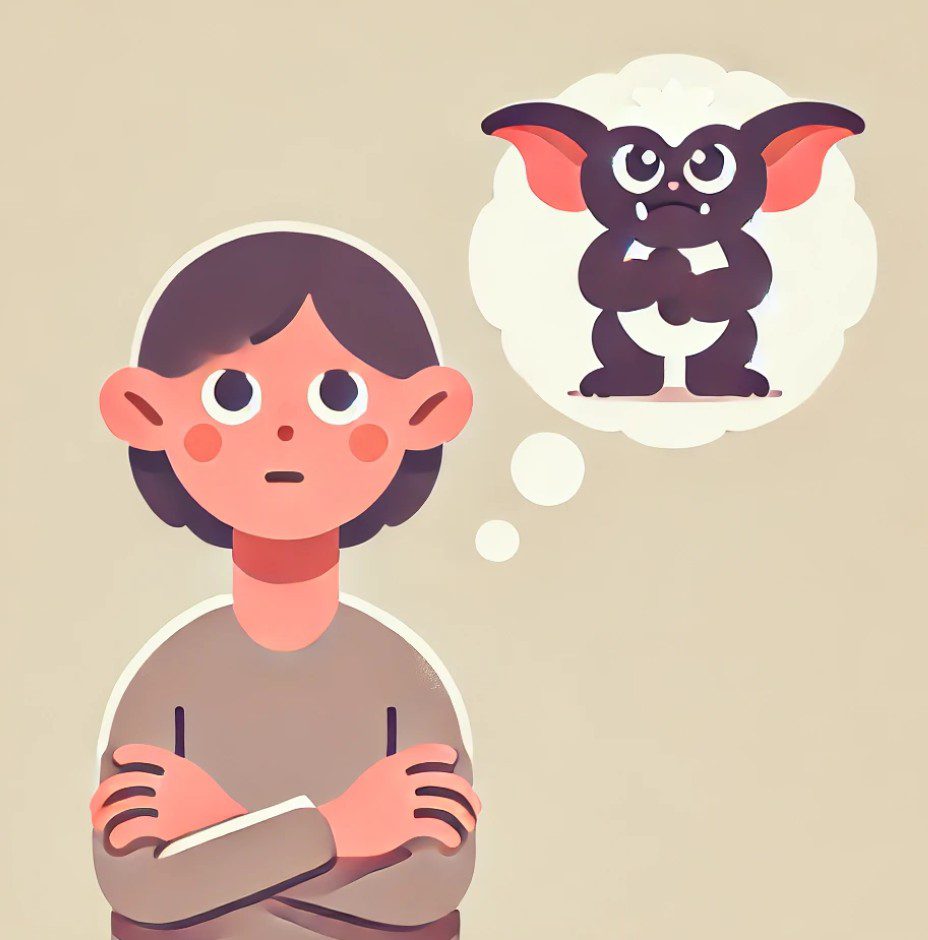A cartoon illustration of a person with folded arms. Slightly above them is a thought bubble with a small grumpy gremlin inside it.
