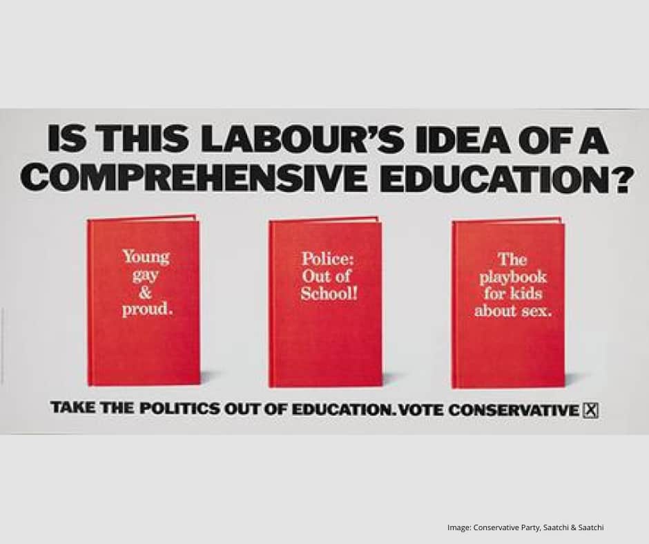 Conservative Party Poster 1978 Low resolution image of an election campaign poster. It reads IS THIS LABOUR'S IDEA OF A COMPREHENSIVE EDUCATION, with three red books beneath this heading: young, gay and proud; police out of school; the playbook for kids about sex.