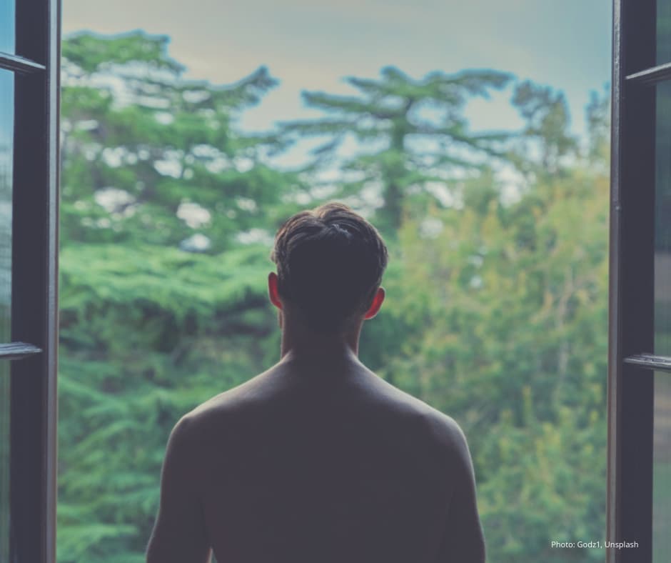 The back of a shirtless man looking out of a window onto a park or woodland.